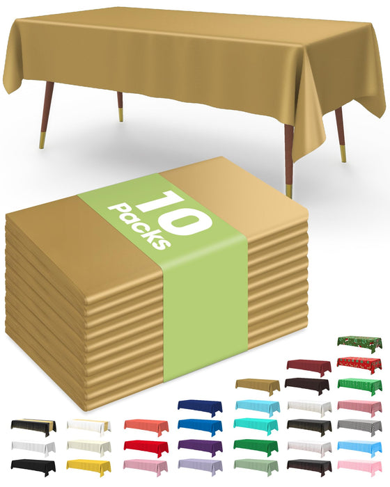 Pureegg Plastic Table Cloth Disposable 10 Pack, 54 x 108 Inch Table Cloths, Graduation Decorations, Thanksgiving, Christmas Tablecloths, Rectangle, Plastic Cover, Leakproof & Sturdy, Gold