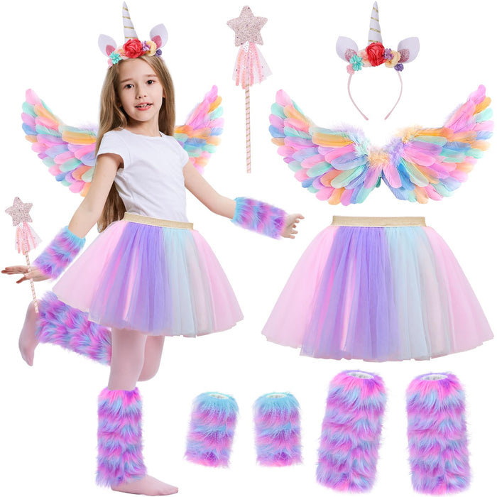 Tacobear 8pcs Unicorn Costume for Girl with Fluffy Glove, Leg Warmer, Feather Wings, Tutu Skirt, Headband, Wand, Halloween Christmas Birthday Gift Toy Dress Up Clothes Unicorn Dress for Girl 4 5 6 7 8