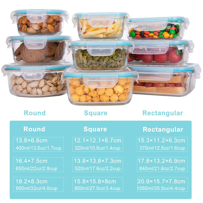 AILTEC Glass Food Storage Containers with Lids, [18 Piece] Meal Prep Containers for Food Storage , BPA Free & Leak Proof (9 Lids & 9 Containers)