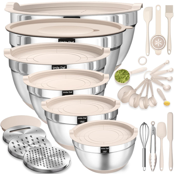 Mixing Bowls with Airtight Lids Set, 26PCS Stainless Steel Khaki Bowls with Grater Attachments, Non-Slip Bottoms & Kitchen Gadgets Set, Size 7, 4, 2.5, 2.0,1.5, 1QT, Great for Mixing & Serving