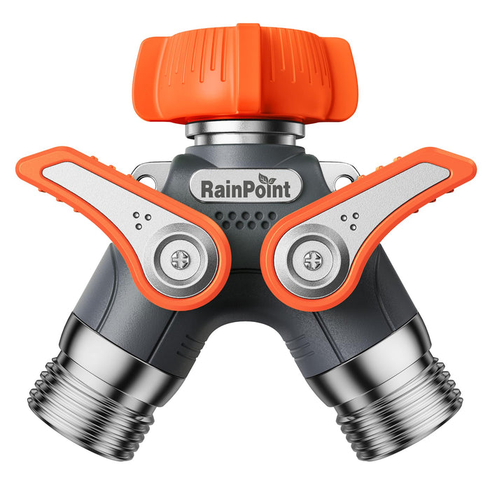RAINPOINT Garden Hose Splitter, 2 Way Heavy Duty Water Hose Y Spigot Splitter with Shutoff Valves, 100% Metal Body Outdoor Faucet Splitter, 1.9" Extra Long Metal Handle, 3/4" GHT Thread (1, Orange)