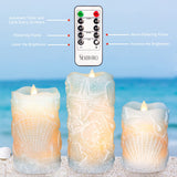 Silverstro Ocean Flameless Candles Remote: Carved Seashell Real Wax Flicker Battery Operated Candles for Home Party Wedding Christmas Nautical Summer Decor - Set of 3(Blue)