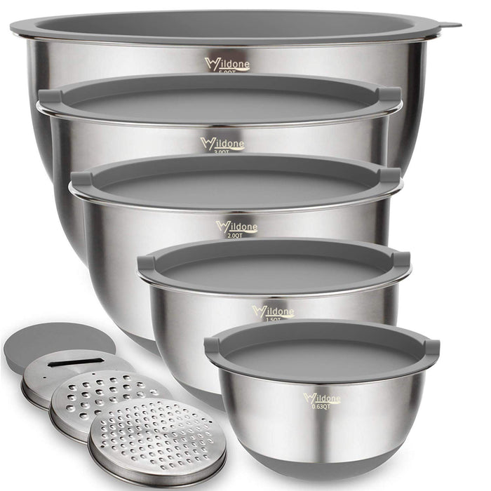 Wildone Mixing Bowls with Airtight Lids Set, 5PCS Stainless Steel Nesting Bowls Set for Kitchen, with Grater Attachments & Non-Slip Bottoms, Size 5, 3, 2, 1.5, 0.63 QT, Great for Baking & Serving