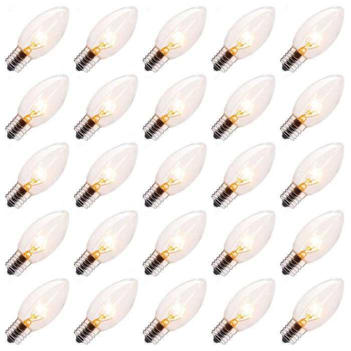 25 Pack 7W Clear Incandescent E17 Bulbs for Christmas String Lights - C9 Replacement Bulbs