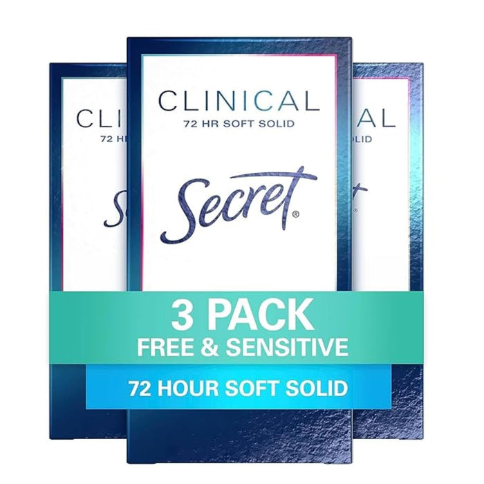 Secret Clinical Strength Antiperspirant Deodorant for Women, Free & Sensitive, 3X Stress Protection, 72hr Sweat & Odor Protection, PH Balancing Minerals, Soft Solid, Unscented, 1.6 oz (Pack of 3)