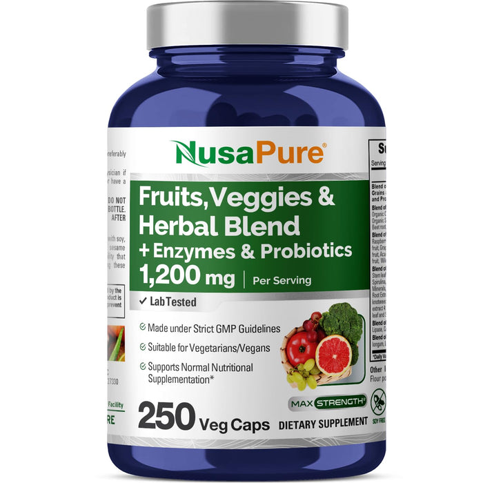 NusaPure Fruits and Veggies Supplement - 250 Capsules - 43 Fruits & Vegetables,11 Enzymes, Probiotics (Vegetarian, Non-GMO) Superfood Formula