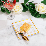 WDF 200PCS Gold Plastic Dessert Plates with Plastic Forks -6” 100 Square Disposable Appetizer Plates Small Plates Cake Plates with Gold Rim&100 Gold Small Appetizer Forks for Daily Using