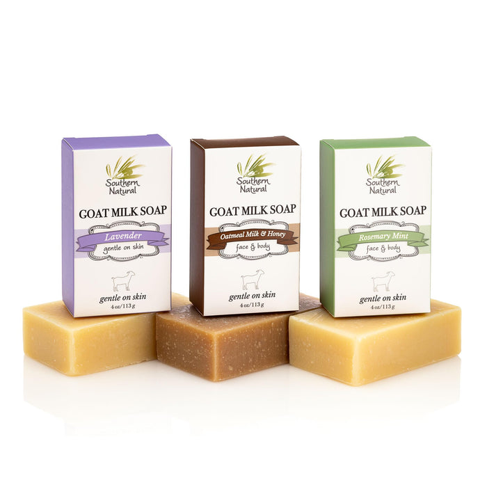 Southern Natural Goat Milk Soap Bar (Variety 3 Pack) Lavender, Oatmeal Milk & Honey, Rosemary Mint - For Eczema, Psoriasis & Dry Sensitive Skin. For Men, Women, Kids & Baby.