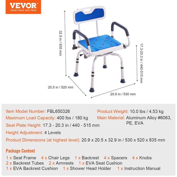 VEVOR Shower Chair, Shower Seat with Back, Adjustable Height Shower Stool, Shower Chair for Inside Shower Bathtub, Non-Slip Bathroom Bench Bath Chair for Elderly Disabled Handicap, 350 LBS Capacity