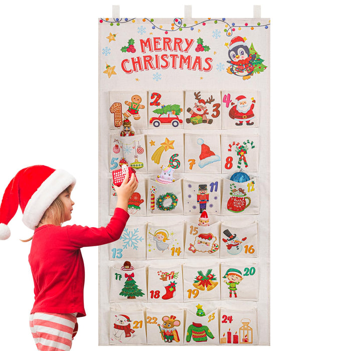 HOWAF Fabric Christmas Advent Calendar (Countdown to Christmas), 24 Days Mystery Christmas Countdown Calendar with 24 Pockets for Xmas Holiday Home Wall Decoration