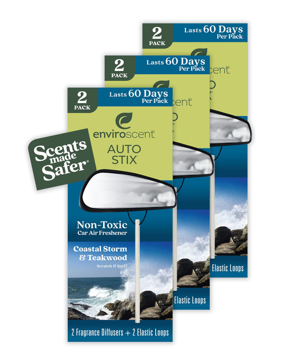 Enviroscent Non-Toxic* Car Air Freshener Auto Stix® - Fragrance Lasts Up to 180 Days - Includes Auto Stix® Diffusers & Elastic Loops - Mother’s Day Gift for Mom - Coastal Storm & Teakwood (Pack of 3)