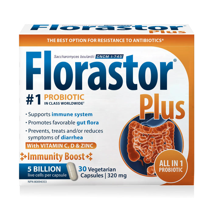 FLORASTOR Plus - Saccharomyces Boulardii - CNCM I-745 - Daily All in One Probiotics - Gut Health & Digestive Support - Zinc, Vitamin C & D3 - Supports Immune System - For Adults and Family - 30 caps