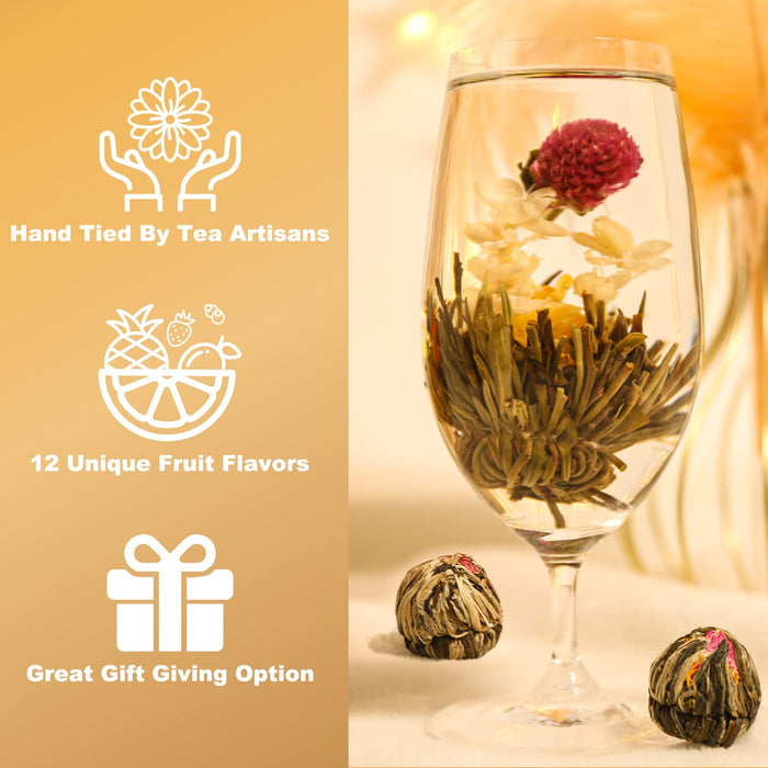 FullChea - Blooming Flowering Tea, 12 Unique Varieties - Flowering Tea in 12 Delicious Fruit Flavors - Gift For Tea Lovers, Christmas, Anniversary, Valentine, Birthday