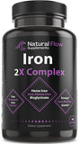 Iron Supplement 2-in-1 Complete Complex - Natural Flow 2X Heme and Chelated Non Heme Iron Bisglycinate, Folate, B and Vitamin C, for Anemia and Blood Building Support, Gentle on Stomach, 90 Caps
