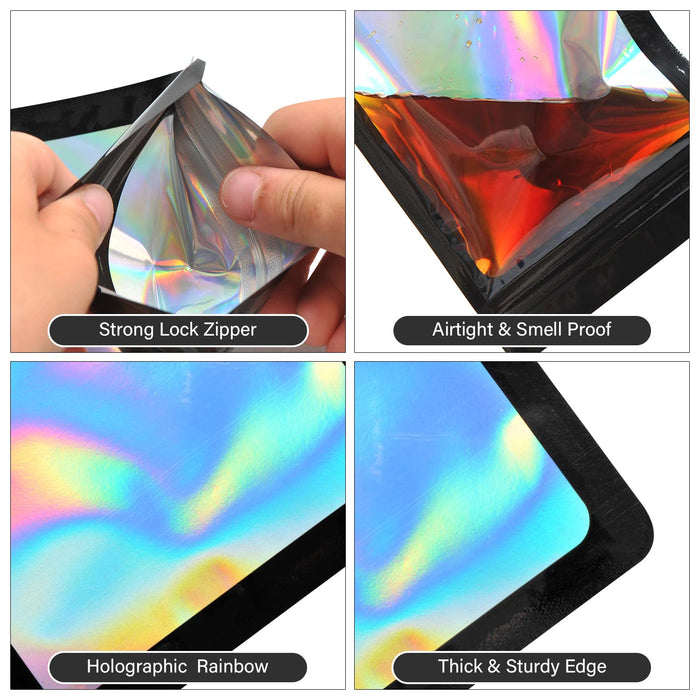 EONJOE 100-pack 6×6 inch mylar bags with clear window holographic resealable sealable packaging zip bag for small bussiness jewelry candy sample food packing supplies （black）