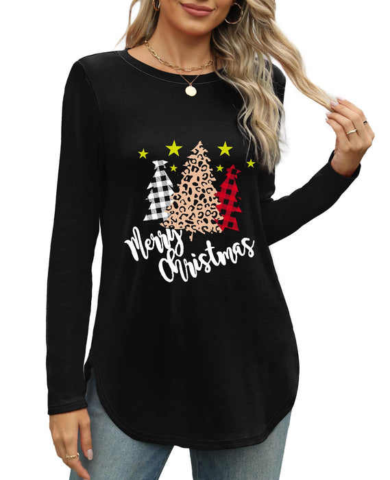 XIEERDUO Christmas Shirts for Women Black Long Sleeve Tops Crewneck Basic Tunic Tops Loose Fit Dressy L