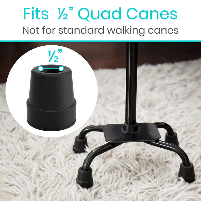 Vive Quad Cane Tips (Set of 4) - Heavy Duty 1/2 inch Replacement Rubber Foot - Black Attachment Base Grip - Accessories for Walking and Standing Stick - Durable End for Women, Men, Seniors, Elderly