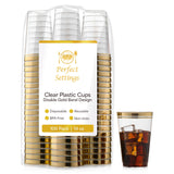 Perfect Settings Premium Double Gold Rimmed Disposable Plastic Cups, Durable Clear Plastic Drinking Glasses for Cold Beverages & Cocktails, BPA-FREE, Disposable Wedding Cups, 14 oz. (Pack of 100)