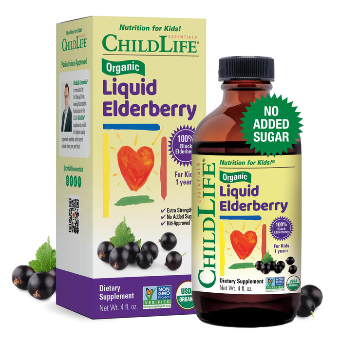 CHILDLIFE ESSENTIALS Organic Liquid Elderberry - Elderberry Syrup for Kids Immune Support, Non-GMO, USDA Organic, Black Elderberry for Kids 1 Year and Up - Natural Elderberry Flavor, 4 Fl Oz Bottle