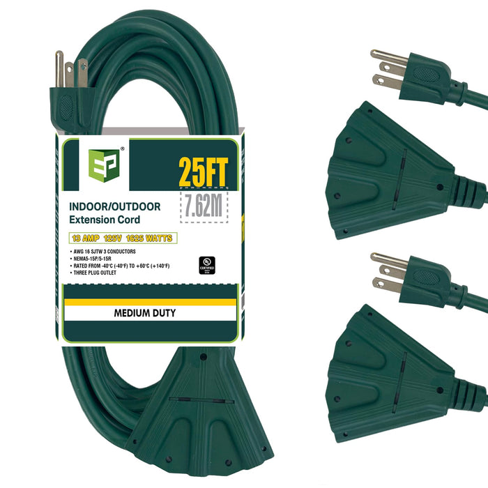 EP 2 Pack 25 Ft Outdoor Extension Cord with 3 Electrical Power Outlets - 16/3 SJTW Green Cable with 3 Prong Grounded Plug for Safety Great for Christmas Lights, Garden and Major Appliances