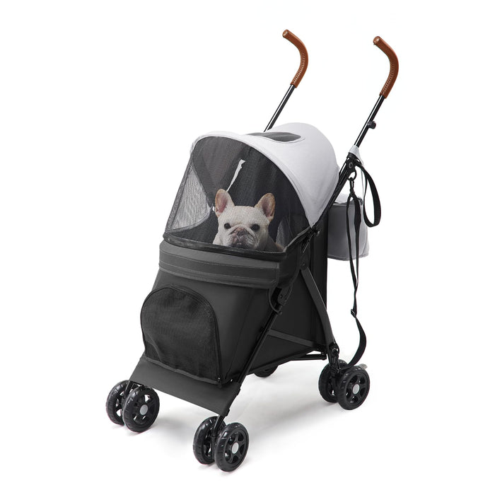 TerraPede 10lbs Ultra-Lightweight Pet Stroller - Compact Folding Umbrella Stroller with Durable Shoulder Strap, 3-Compartment Organizer & Cup Holder - Portable Dog Cat Travel Carriage, Dark Gray