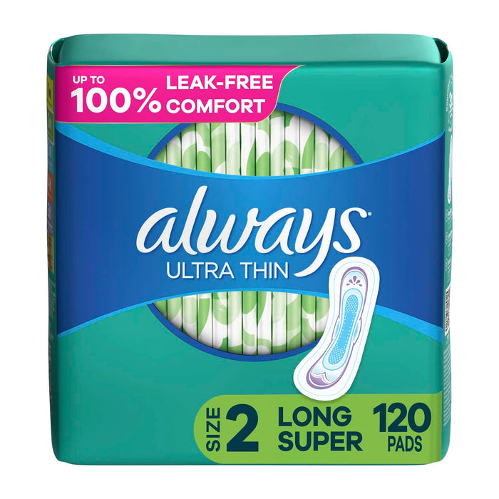 Always Ultra Thin, Feminine Pads For Women, Size 2 Long Super Absorbency, Multipack, Without Wings, Unscented, 40 Count x 3 Pack (120 Count total)