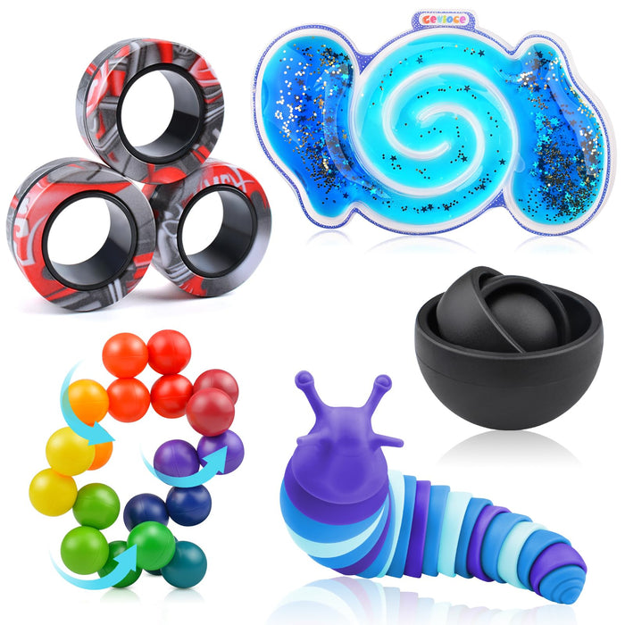 Cevioce 5Pcs Fidget Toys Adults Pack,Autism Sensory Toys with Fidget Spinner Slug Magnetic Rings,Squishy Figette Toys,Cool Gadget for Boys Teens ADHD Stress Relief,Basket Stuffers for Kids Christmas