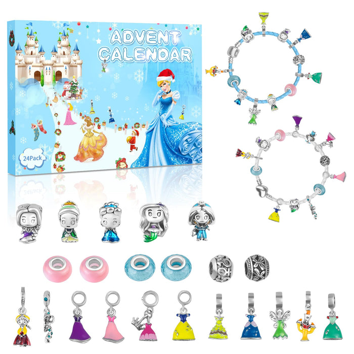 Princess Advent Calendar 2024 Teen Girls, 24 Days of Christmas Countdown Calendar with 2 DIY Bracelets and 22 Charms, 6-18 Year Old Girl Christmas Gift Ideas