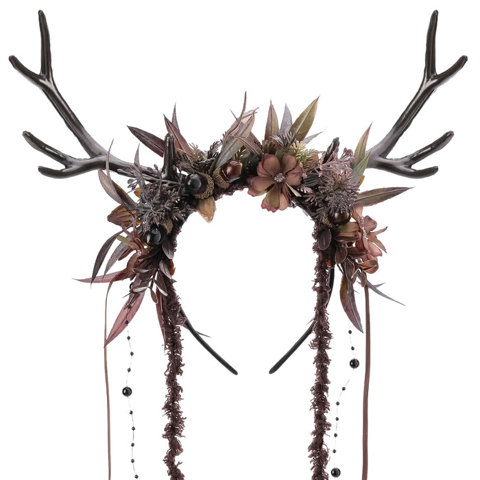 MOSTORY Dark Flower Deer Antlers Headband, Gothic Floral Reindeer Headpiece