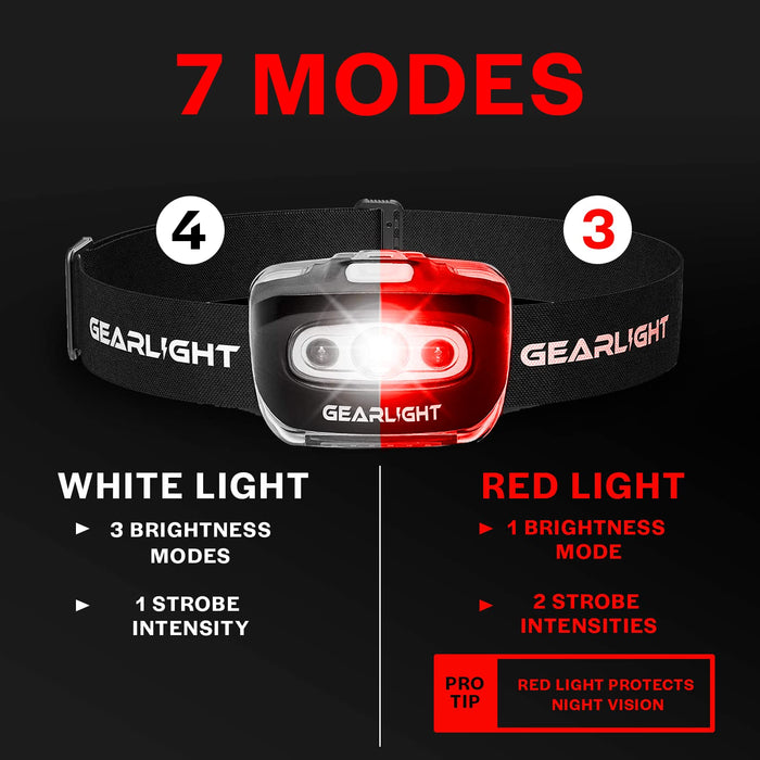 GearLight 2Pack LED Headlamp - Outdoor Camping Head Lamps with Adjustable Headband - Lightweight Battery Powered Bright Flashlight Headlight with 7 Modes and Pivotable Head and Red Light