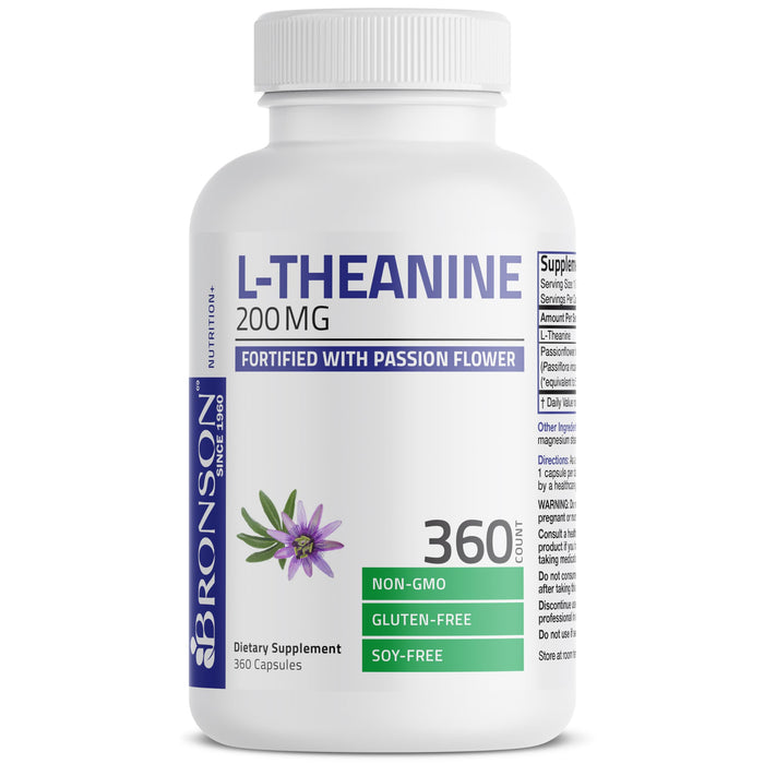 Bronson L-Theanine 200mg (Double-Strength) with Passion Flower Herb, Non-GMO Gluten-Free Soy-Free Stress Management Supplement, 360 Capsules