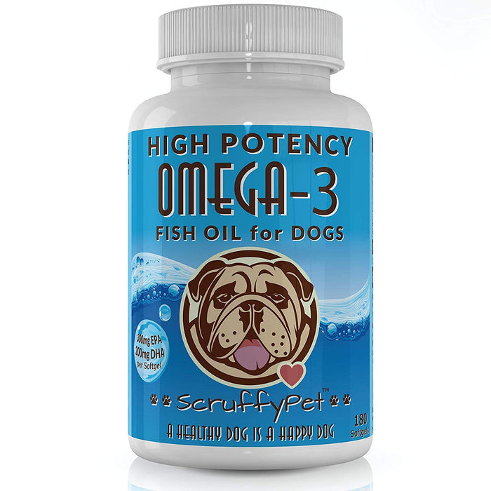 ScruffyPet Pure Omega 3 Wild Fish Oil for Dogs with Vitamin E - Highest EPA & DHA Softgels Available (1000mg) 180ct