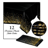 Prestee Black and Gold Tablecloths, 12pk, 54x108 Inches - Gold Dot Tablecloths, Plastic Tablecloth, Black Tablecloths, Party Decorations - Paper Tablecloth for Christmas Party, Dining, Holiday