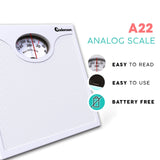 Adamson A22 Bathroom Scale for Body Weight - Up to 260 LB - New 2024 - Anti-Skid Rubber Surface - Analog Bathroom Weight Scales - Affordable - Durable with 20-Year Warranty - White