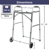 Foldable Lightweight Two Button Walker with 5” Wheels, Includes Ski Glides - Folding Design Ideal for Seniors and Elderly Adults - Adjustable for Tall Men and Women - Standing Handicap Mobility Aids