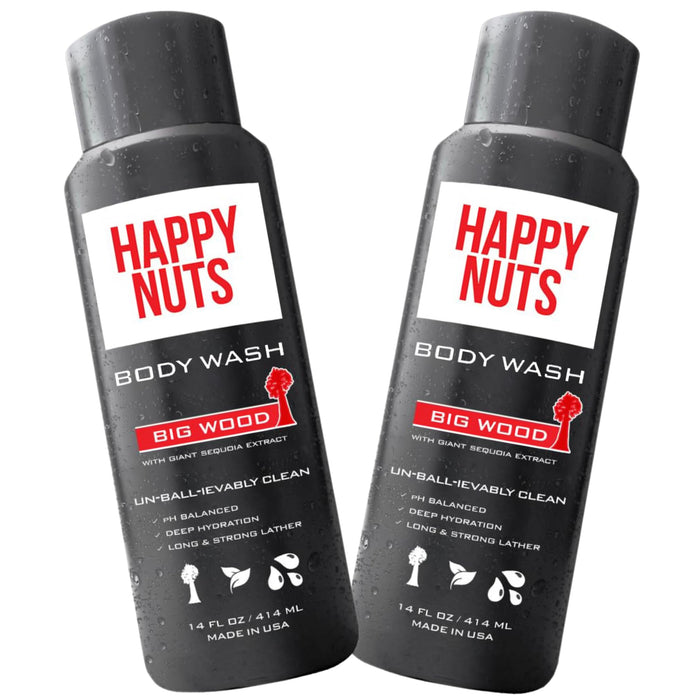 HAPPY NUTS Big Wood Body and Nut Wash - Moisturizing Men's Shower Gel, Natural Bodywash with Deep Cleanse for Sensitive Skin - Men's Body Soap (2 Pack, Big Wood)