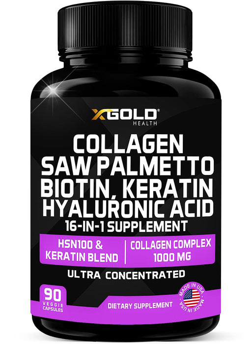 Collagen, Saw Palmetto, Biotin, Keratin, Keratin & Hyaluronic Acid - 16-in-1 Beauty Supplement with Vitamin C & E, Collagen Complex, Keratin Blend & HSN100 - Hair, Skin & Nail Growth - 90 Capsules