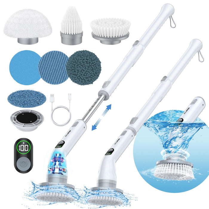 LABIGO Electric Spin Scrubber LA4 Pro, Dual Speed Bathroom Scrubber with Display & 6 Replacement Cleaning Heads, Cordless Power Scrubber with Adjustable & Detachable Handle for Bathroom Floor Tile