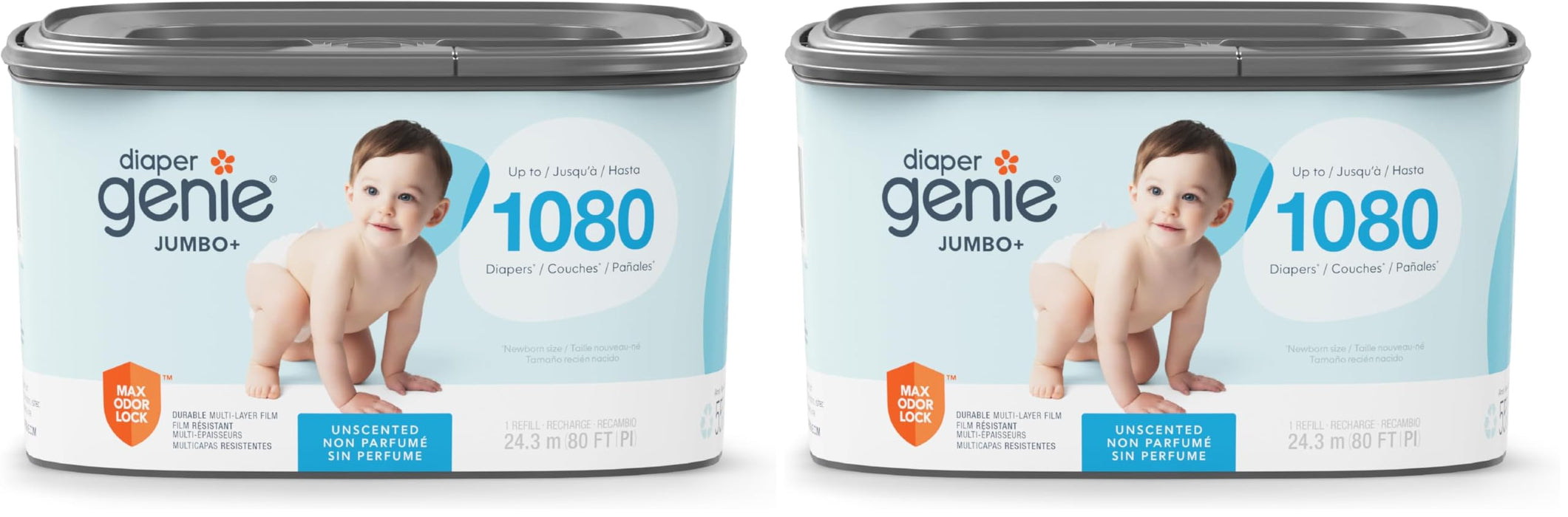 The Diaper Genie Jumbo+ Square Refill, with continuous film, can hold up to 1080 newborn-sized diapers per refill. (Pack of 2)