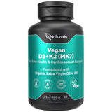 Naturalis Vegan Vitamin D3 + K2 from Algae | 5000iu Vitamin D with 120mcg MK7 Vitamin K | Vegan Society Certified, Sustainably Sourced, Better Than Animal Derived | 60 Veggie Softgels