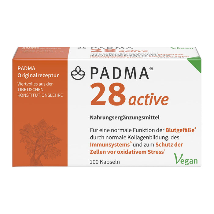 PADMA 28 active 100 Kaps. Tibetische Rezeptur 28 aus Kräutern & Mineralien + Vitamin C. Es unterstützt ein Aktives Immunsystem, die Blutgefäße, Regeneration & den Schutz vor oxidativem Stress