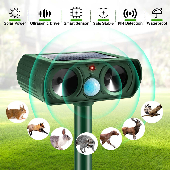 2Pack Ultrasonic Pest Repeller Outdoor Solar Animal Repellent with Motion Sensor Cat Repellent Outdoor Waterproof to Repel Dog Raccoon Fox Rabbit Deer Coyote Squirrel Skunk Repellent for Yard Garden