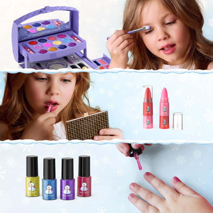 PERRYHOME Kids Makeup Set for Girl 56 Pcs Washable Real Cosmetic, Safe & Non-Toxic Frozen Toys Toddler Makeup Kit, Frozen Princess Dress up Game Christmas & Birthday Girl Gift for 3-12(Frozen Purple)