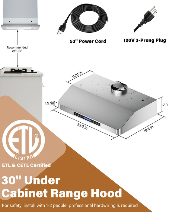 FlyPine 30 inch Stainless Steel Under Cabinet Range Hood - 900 CFM, Ultra-Quiet 4-Speed Vent, Touch/Remote Control LCD, LED Lights, External Venting