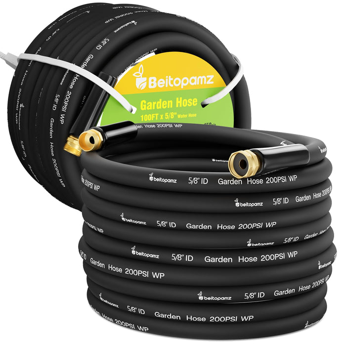 Beitopamz 100 ft Garden Hose, 5/8 in Heavy Duty Water Hose, Flexible and Durable, Lightweight Rubber Hybrid Hose, Leak-Free Connections, Male to Female 3/4'' Brass Fittings for Patio, Lawn, Black