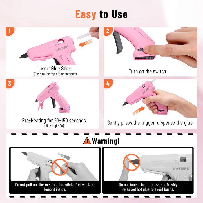 Katerk 3.7V Cordless Hot Glue Gun Kit, 90s Fast Heating, Mini Glue Gun with 15 Glue Sticks, USB-C Rechargeable with 2000mAh Built-in Battery, Ideal for DIY, Gift Making, School Crafts & Repairs (Pink)