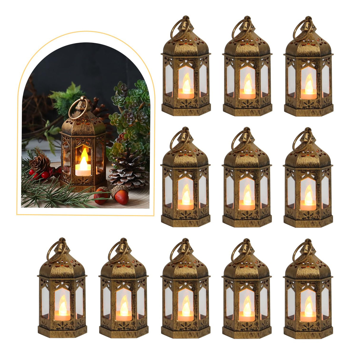 LLQ 8Pcs Mini Lantern with LED Tealight, Vintage Brown Lanterns Decora