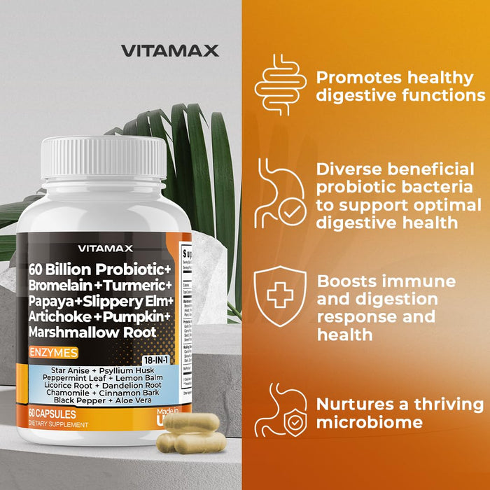 Vitamax 60B Probiotic Digestive Gut Health Supplement - Slippery Elm, Coriander, Papaya, Turmeric, Ginger, Psyllium Husk, Licorice, Marshmallow Root - Men & Women - Made in USA (60 Count (Pack of 1)