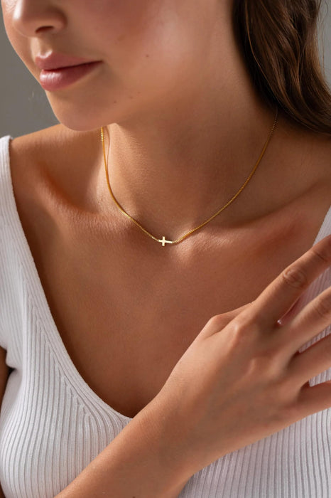 Rotnso Cross Necklace for Women 14K Gold Plated Dainty Small Sideways Cross Pendant Choker Simple Trendy Cute Cross Charm Box Chain Necklace Faith Jewelry Religious Minimalist Gift