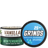 Grinds Coffee Pouches | 3 Can Sampler | Wintergreen, Spearmint, Vanilla | 1 Pouch eq. 1/4 Cup of Coffee (3 Can Sampler Pack)